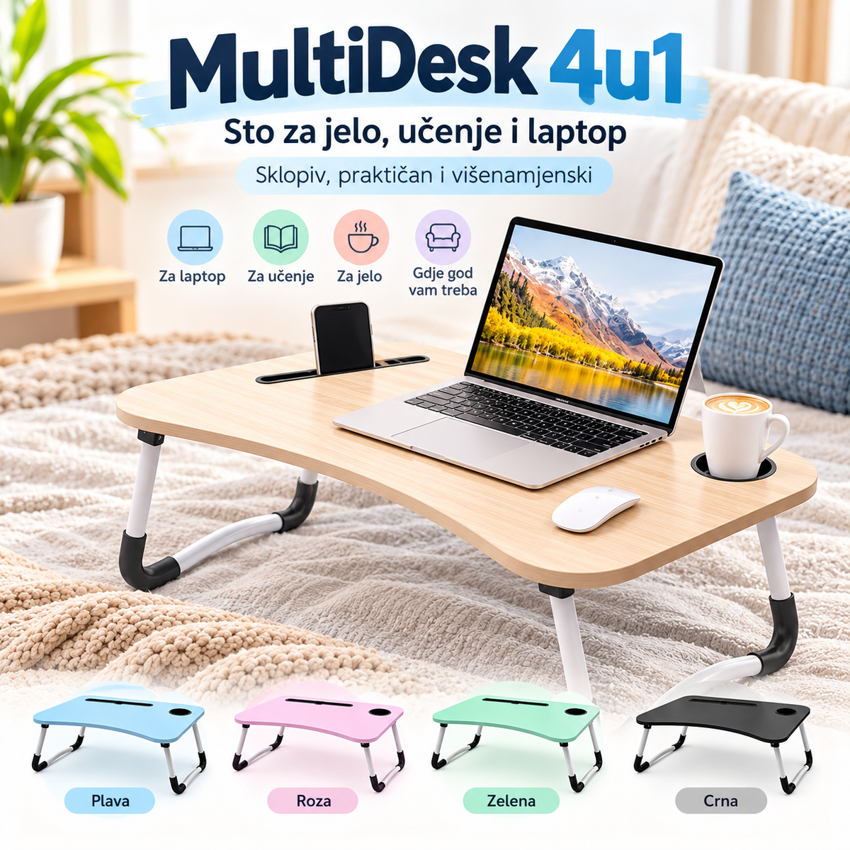 MultiDesk 4u1 – Multifunkcionalni Sklopivi Sto za Jelo, Učenje, Laptop i Rad
