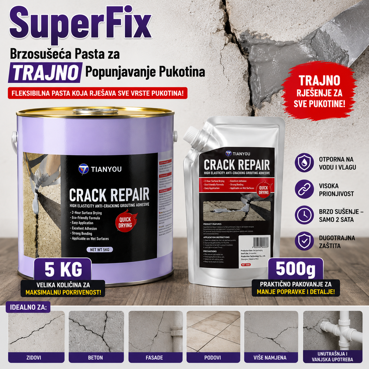 SuperFix - Brzosušeća Pasta za TRAJNO Popunjavanje Pukotina