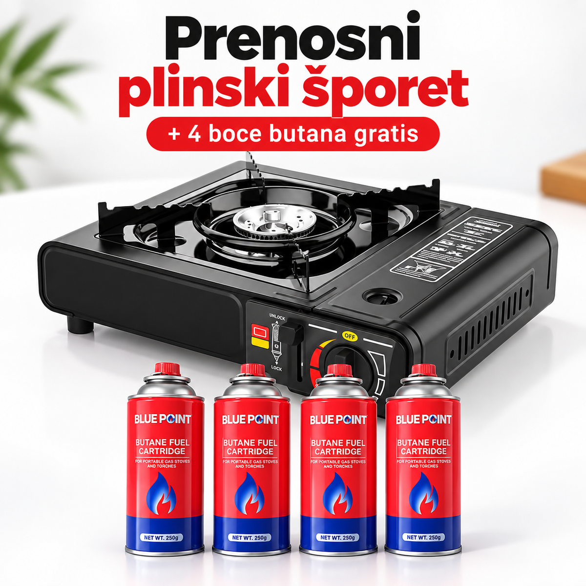 Prenosni Plinski Šporet + 4 Boce Butana GRATIS
