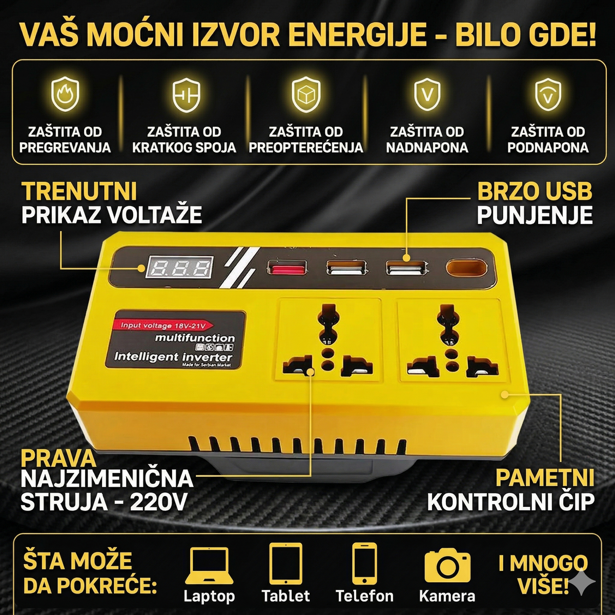 AUTO Pretvarač sa 12V na 220V (USB + Kućna Utičnica)